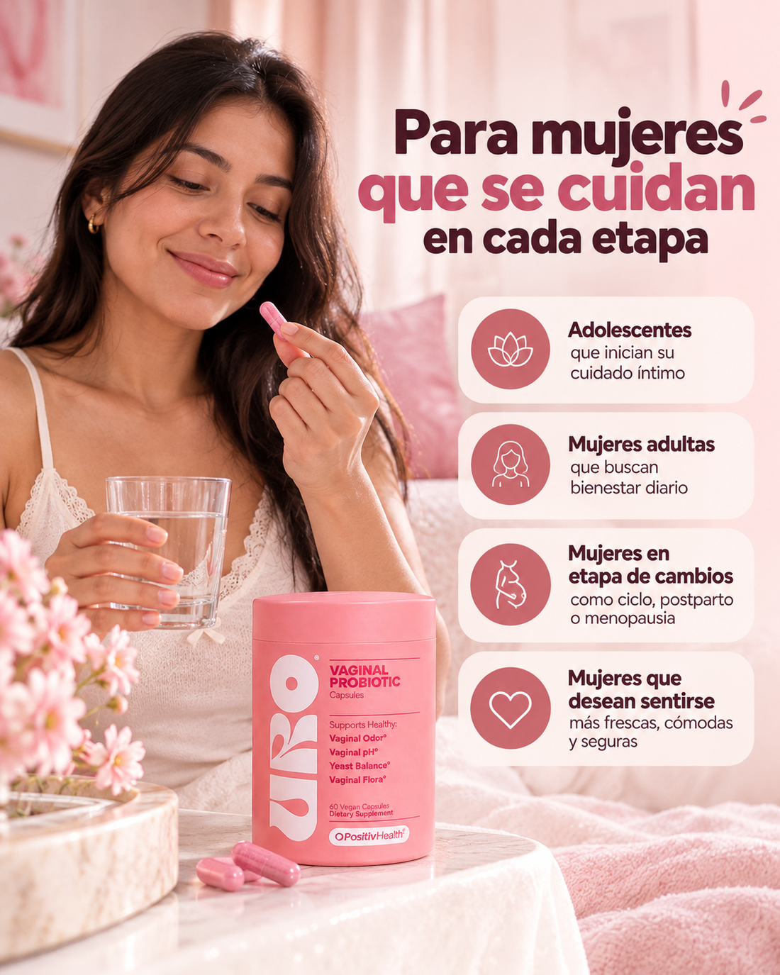 URO Probióticos Vaginales, Mujer Equilibrio pH y Flora Vaginal Saludable